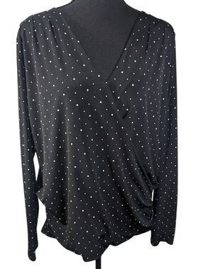 Banana Republic Factory Black Polka Dot Faux-Wrap Long Sleeve Top Size M